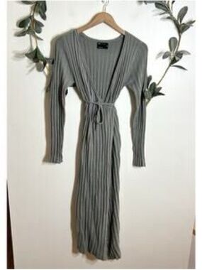 Tru Ribbed Wrap Maxi Cardigan in Gray